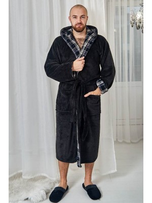 Махровий чоловічий домашній халат з капюшоном на запах 6138 чорний / клітинка