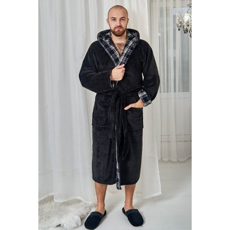 Махровий чоловічий теплий домашній халат з капюшоном на запах 6138-4002 Чорний / клітинка
