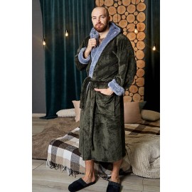 Махровий чоловічий теплий домашній халат з капюшоном на запах 6158-4002 Хакі / сірий
