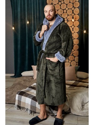 Махровый мужской теплый домашний халат с капюшоном на запах 6158-4002 Хаки / серый
