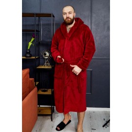 Махровый мужской теплый домашний халат с капюшоном на запах 6210-1023 Бордовый