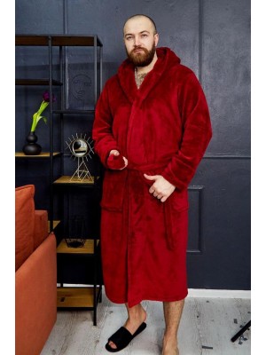 Махровий чоловічий теплий домашній халат з капюшоном на запах 6210-1023 Бордовий