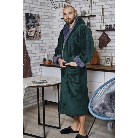 Махровый мужской теплый домашний халат с капюшоном на запах 6215-4002 Изумруд / графит