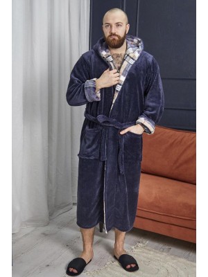 Махровий чоловічий теплий домашній халат з капюшоном на запах 6216-4002 Графіт / клітинка