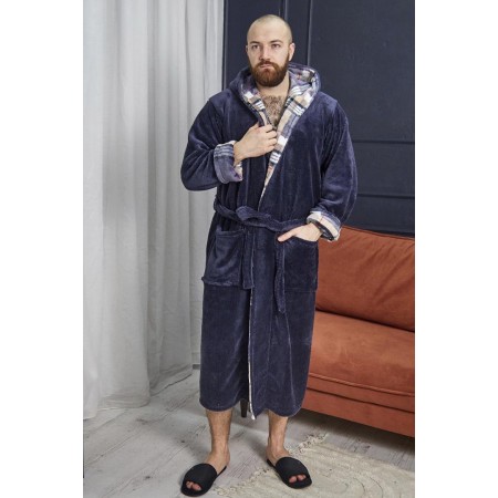 Махровый мужской теплый домашний халат с капюшоном на запах 6216-4002 Графит / клетка