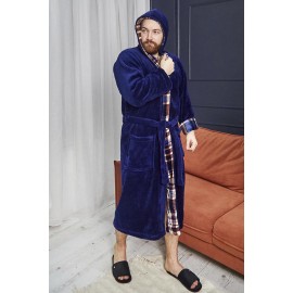 Махровый мужской теплый домашний халат с капюшоном на запах 6217-4002 Синий / клетка