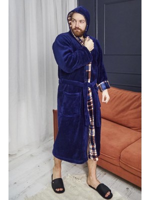 Махровий чоловічий теплий домашній халат з капюшоном на запах 6217-4002 Синій / клітинка