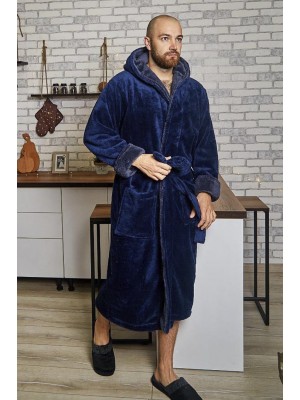 Махровый мужской теплый домашний халат с капюшоном на запах 6218-4002 Синий / графит