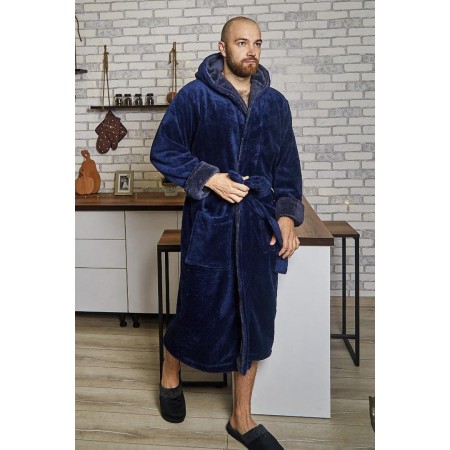 Махровый мужской теплый домашний халат с капюшоном на запах 6218-4002 Синий / графит