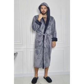 Махровий чоловічий теплий домашній халат з капюшоном на запах 6219-4002 Сірий / графіт