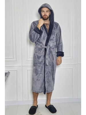 Махровый мужской теплый домашний халат с капюшоном на запах 6219-4002 Серый / графит