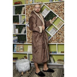 Махровый мужской теплый домашний халат с капюшоном на запах 6220-4002 Молочный шоколад / капучино