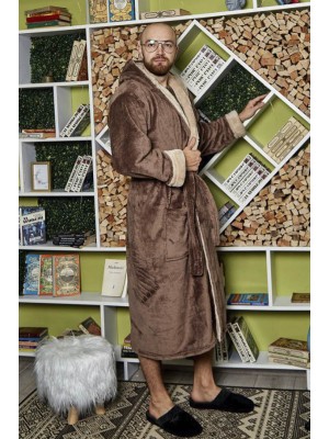 Махровый мужской теплый домашний халат с капюшоном на запах 6220-4002 Молочный шоколад / капучино