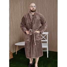 Махровый мужской теплый домашний халат без капюшона на запах 7303-1022 Молочный шоколад