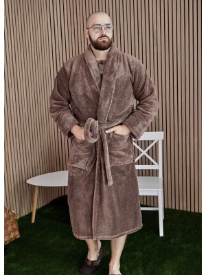 Махровий чоловічий теплий домашній халат без капюшона на запах 7303-1022 Молочний шоколад