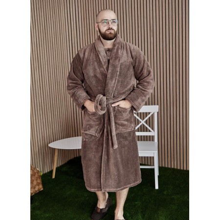Махровый мужской теплый домашний халат без капюшона на запах 7303-1022 Молочный шоколад