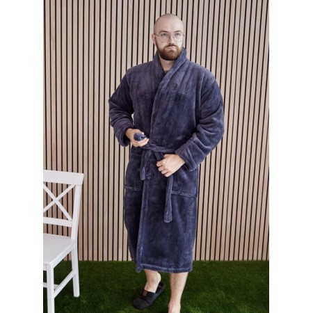 Махровый мужской теплый домашний халат без капюшона на запах 7305-1022 Графит