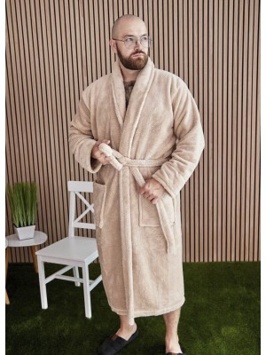 Махровый мужской теплый домашний халат без капюшона на запах 7306-1022 Капучино