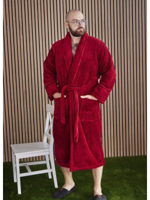 Махровый мужской теплый домашний халат без капюшона на запах 7308-1022 Бордовый