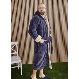 Махровый мужской теплый домашний халат с капюшоном на запах 7309-4002 Графит / капучино