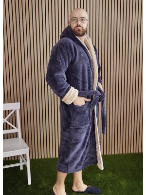 Махровый мужской теплый домашний халат с капюшоном на запах 7309-4002 Графит / капучино