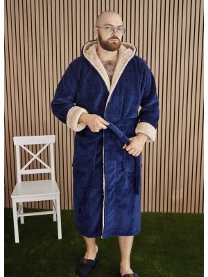 Махровый мужской теплый домашний халат с капюшоном на запах 7310-4002 Синий / капучино