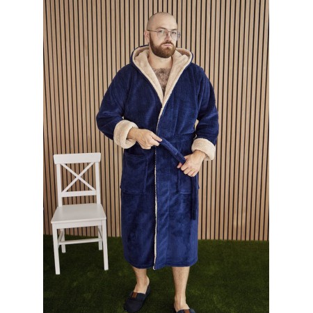 Махровий чоловічий теплий домашній халат з капюшоном на запах 7310-4002 Синій / капучино