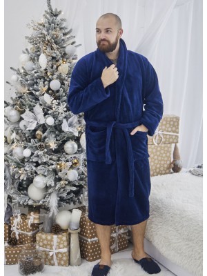 Махровый мужской теплый домашний халат без капюшона на запах 7393-1022 Королевский синий