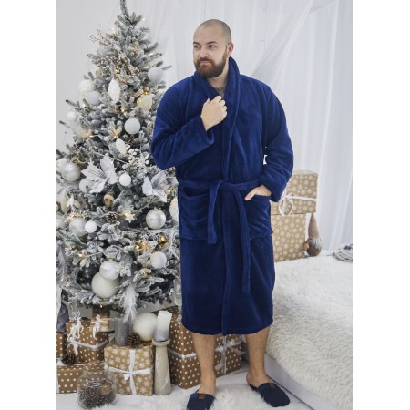 Махровий чоловічий теплий домашній халат без капюшона на запах 7393-1022 Королівський синій
