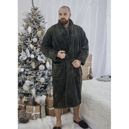 Махровый мужской теплый домашний халат без капюшона на запах 7395-1022 Хаки