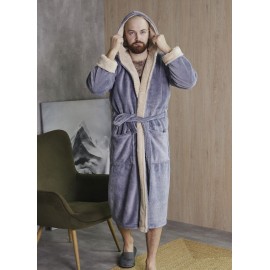 Махровый мужской теплый домашний халат с капюшоном на запах 7412-4002 Серый / капучино