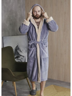 Махровый мужской теплый домашний халат с капюшоном на запах 7412-4002 Серый / капучино
