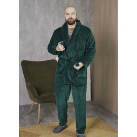 Мужской теплый махровый домашний костюм пижама двойка: халат и штаны 7406-4016 Изумруд