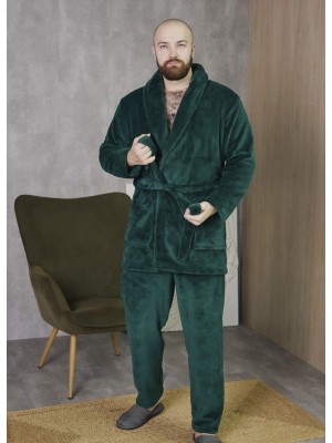 Чоловічий теплий махровий домашній костюм піжама двійка: халат та штани 7406-4016 Смарагд