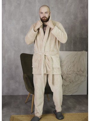 Мужской теплый махровый домашний костюм пижама двойка: халат и штаны 7407-4016 Капучино