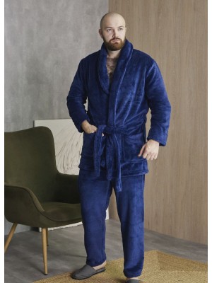 Мужской теплый махровый домашний костюм пижама двойка: халат и штаны 7408-4016 Синий