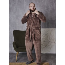 Мужской теплый махровый домашний костюм пижама двойка: халат и штаны 7409-4016 Молочный шоколад