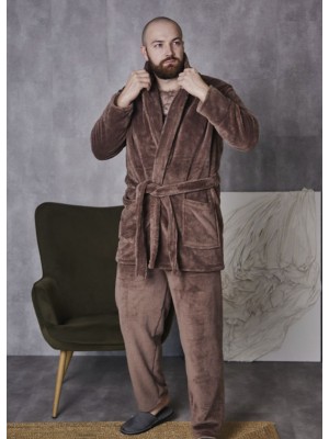 Мужской теплый махровый домашний костюм пижама двойка: халат и штаны 7409-4016 Молочный шоколад