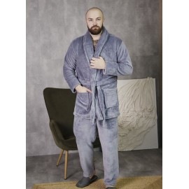 Мужской теплый махровый домашний костюм пижама двойка: халат и штаны 7410-4016 Серый
