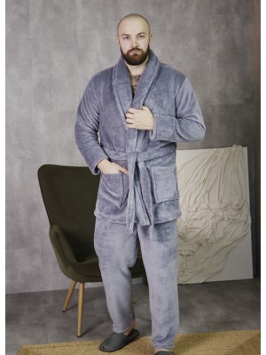 Мужской теплый махровый домашний костюм пижама двойка: халат и штаны 7410-4016 Серый