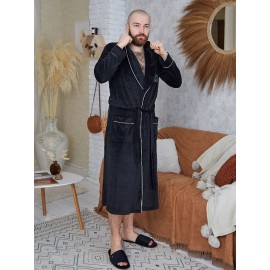 Мужской велюровый домашний халат на запах 5286-404 Черный