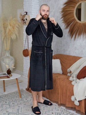 Чоловічий велюровий домашній халат літній на запах 5286 чорний