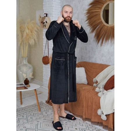 Чоловічий велюровий домашній халат на запах 5286 чорний