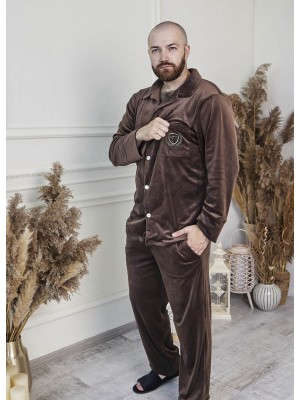 Чоловічий велюровий костюм піжама з гудзиками 7291-406 Шоколад