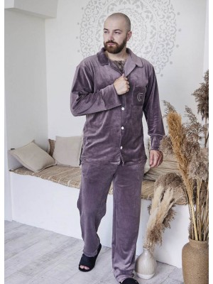 Чоловічий велюровий костюм піжама з гудзиками 7292-406 Капучино