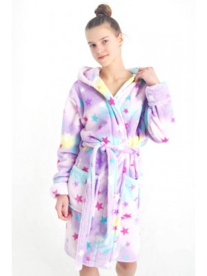 Теплий халат для підлітка фіолетовий із зірками середньої довжини на запах 2819
