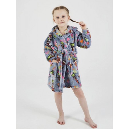 Детский теплый махровый халат для девочки с капюшоном на запах 6139-1150 Синий с принтом Лола