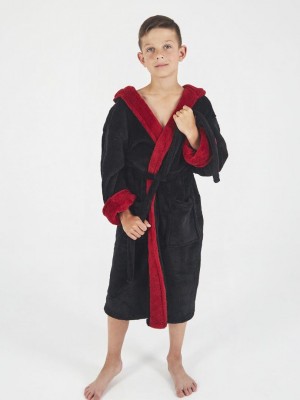 Дитячий махровий халат для хлопчика з капюшоном на запах 6146 чорний / бордовий
