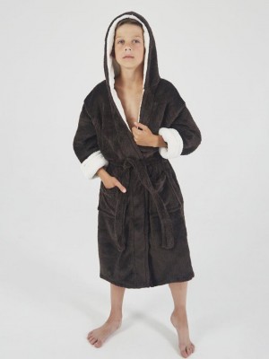 Дитячий махровий халат для хлопчика з капюшоном на запах 6147 шоколад / крем