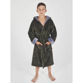 Детский махровый халат для мальчика с капюшоном на запах 6150-4000 Хаки / серый